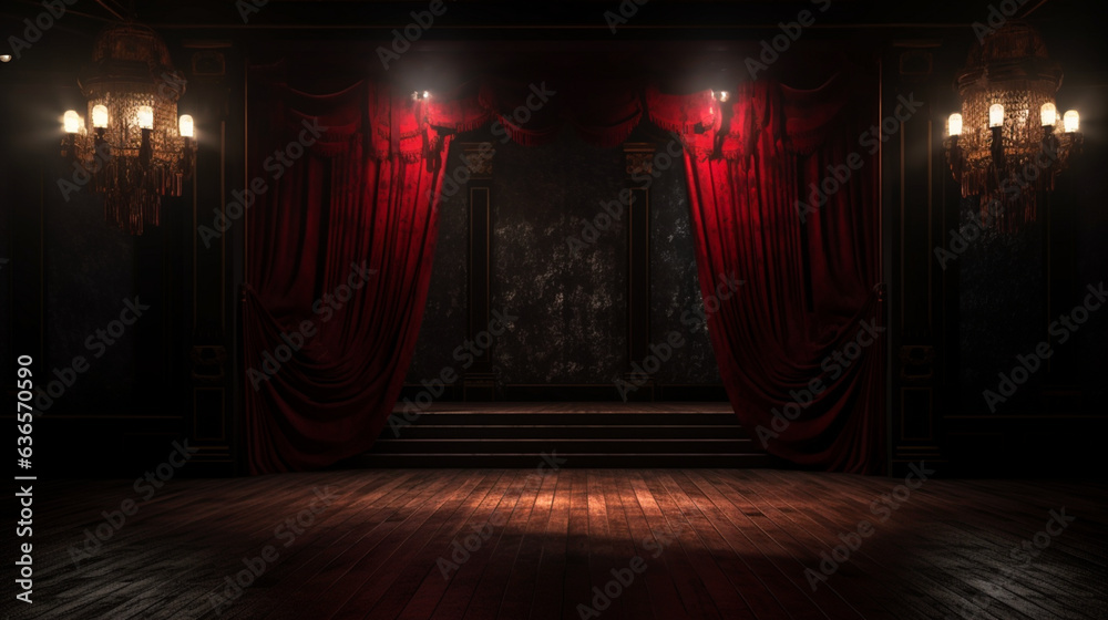 Empty dark stage or podium with red curtains. Theater or burlesque show. Copy space. Generative AI - obrazy, fototapety, plakaty 