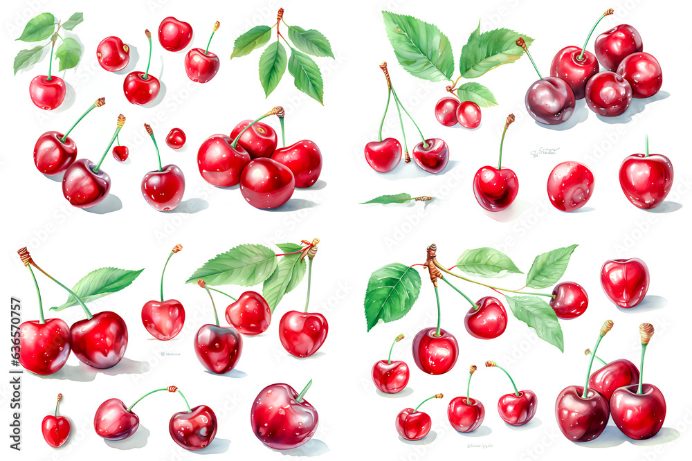 Water color painting Set of cherry contains whole cherry,ripe cherry,half cherry,several ripe cherry on super white background. Water color painting Set of cherry contains whole cherry,ripe cherry,half cherry,several ripe cherry on super white background.