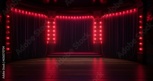 Empty dark stage or podium with red curtains. Theater or burlesque show. Copy space. Generative AI