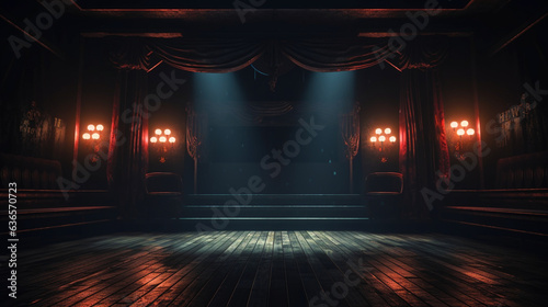 Empty dark vintage stage or podium for burlesque dance performance. Old retro theater or show. Copy space. Generative AI photo