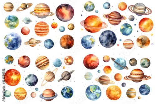 Watercolor set of solar system planets in universe Isolated on white background.