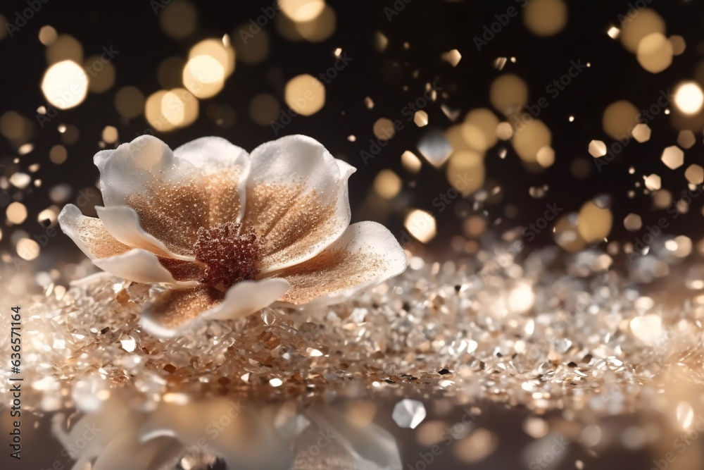 Beautiful flower on bokeh background with copy space. Аbstract background with bokeh defocused lights. Glittering lights background. 3D rendering
