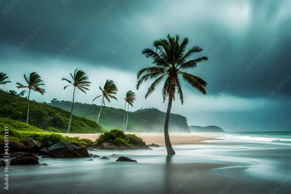 Palm trees blowing in the wind and rain as a hurricane approaches a tropical island coastline Palm trees blowing in the wind and rain as a hurricane approaches a tropical island coastline