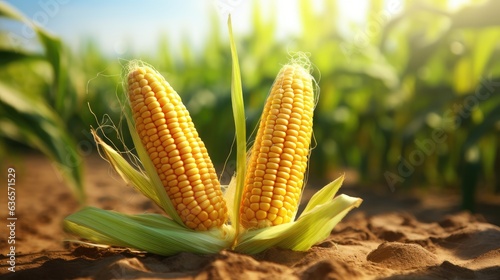 Head of mature corn on the background of a corn field created with Generative AI technology