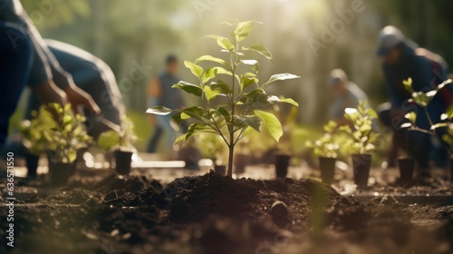 A group of volunteer planting a tree, environment day.