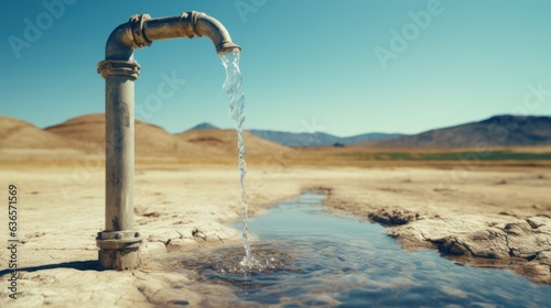 Close-up faucet with water on drought land, environment and climate change concept.