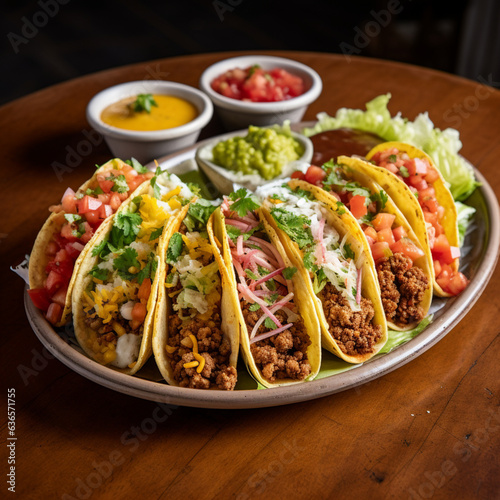 osiem różnych tacos na jednym talerzu z dodatkami, położonych na stole.