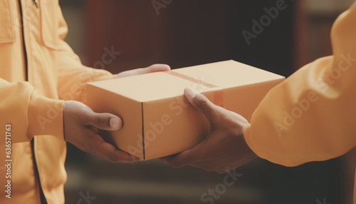 Delivery man and parcel box, parcels or customer goods in transit services, Receive items from the courier, Home delivery, Close-up of delivery man delivering holding parcel box to woman customer.