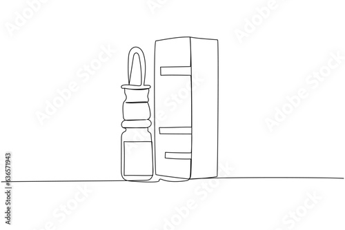 Drops in a bottle with a pipette, nasal spray one line art. Continuous line drawing of treatment, medication, pharmaceutical, infection, therapy, medicament, allergic, rhinitis, spray, allergy, sinus