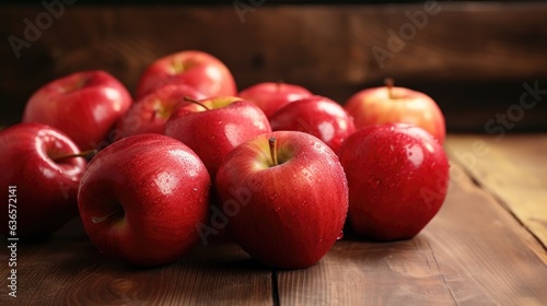 Red ripe apples lie on a wooden table created with Generative AI technology