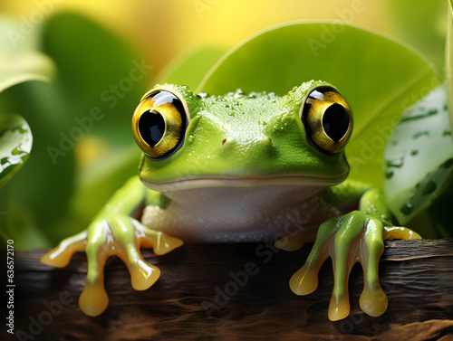 green frog on a leaf hiding in