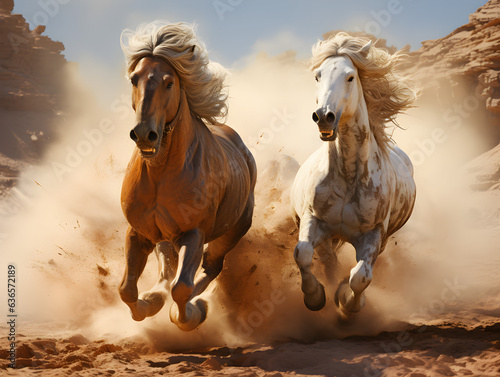 white horse and brown horse racing in the desert