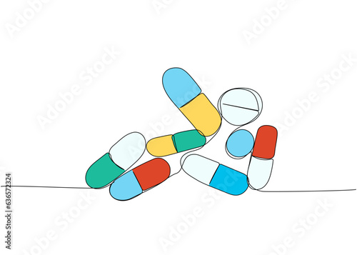 Pill, tablet, drug, pharmacy, capsule, antibiotic, aspirin, herbal, medicine one line color art. Continuous line drawing of treatment, medication, medical, pharmacy, therapy, allergy