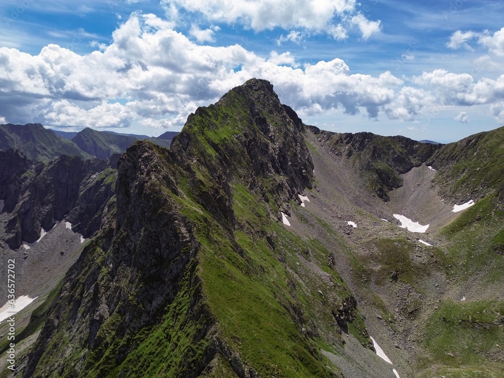 Aerial view of Vânătarea lui Buteanu, the eighth-highest mountain peak in Romania, located not far from the Transfagaras Mountain Pass.