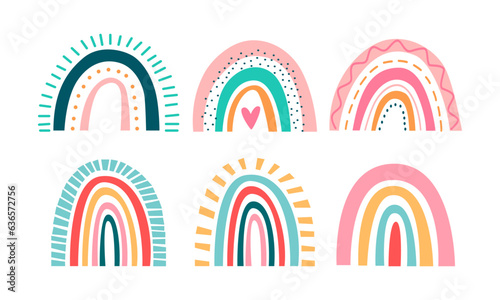 Vector hand drawn boho rainbows cute set in pastel and earthy colors vector isolated elements