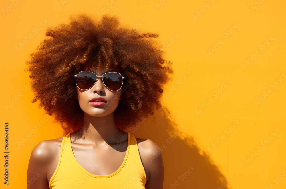 Young afro haired woman in front of a wall. Generative AI.