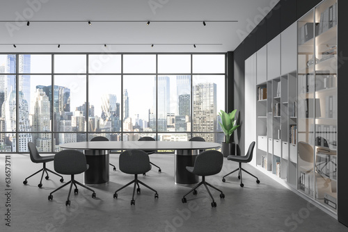 Panoramic gray board room interior with bookcase