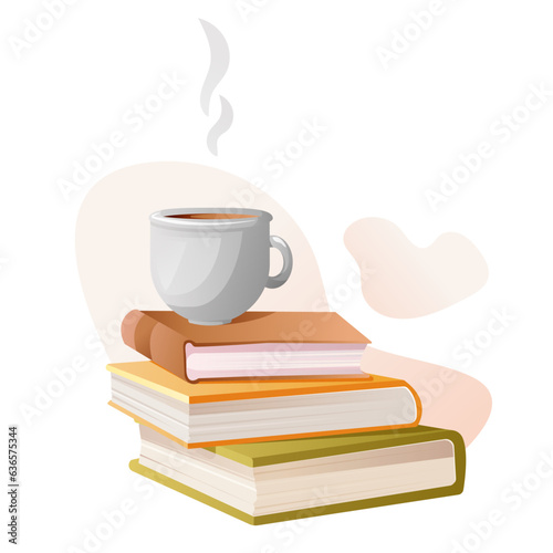 A stack of books with cup of tea or coffee. Vector autumn illustration of a cup of hot tea on books with falling autumn leaves. Cozy autumn. Autumn banner, image, postcard.