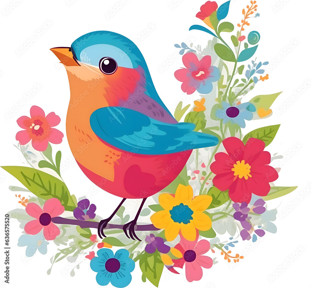Transparent Vibrant Cute Bird Amidst a branch of Colorful Flowers and Leaves