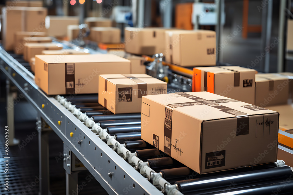 Conveyor line with cadrboard boxes on it in distribution warehouse, Delivery, storage and transportation service concept. Conveyor line with cadrboard boxes on it in distribution warehouse, Delivery, storage and transportation service concept.