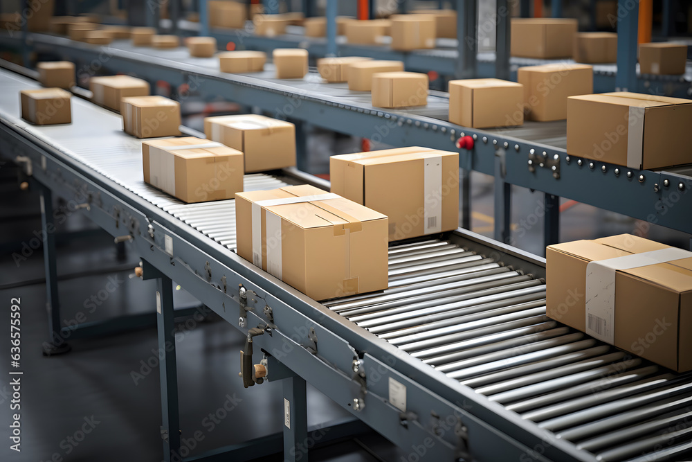 Conveyor line with cadrboard boxes on it in distribution warehouse, Delivery, storage and transportation service concept. Conveyor line with cadrboard boxes on it in distribution warehouse, Delivery, storage and transportation service concept.