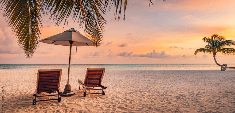 Romantic beach holiday, love couple destination scenic, chairs beds under umbrella, coco palm leaves. Exotic travel coast landscape. Panoramic island paradise vacation. Colorful sea sky, closeup sand