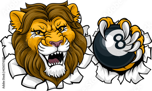 A lion angry mean pool billiards mascot cartoon character holding a black 8 ball.