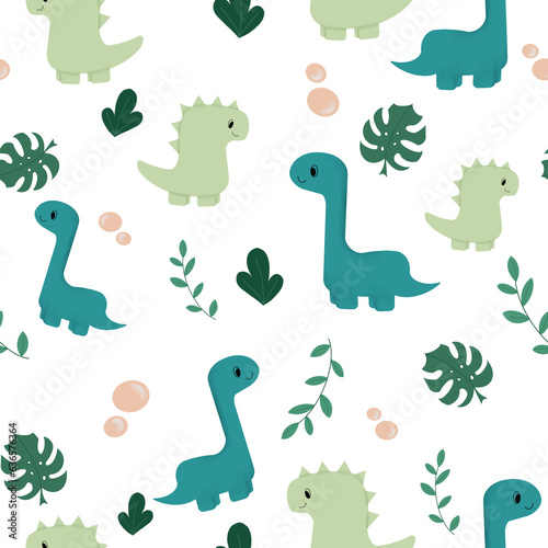 Illustration of a pattern of cute dinosaurs and plant leaves on a transparent background. Can be used to print on fabric  paper  clothing