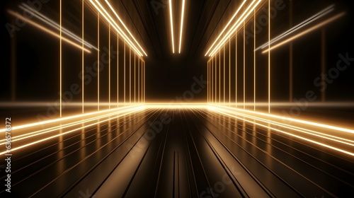 3D Render of a Room with Glowing Beige Neon Lines. Abstract Background