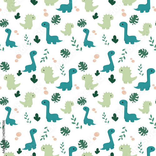 Illustration of a pattern of cute dinosaurs and plant leaves on a transparent background. Can be used to print on fabric, paper, clothing