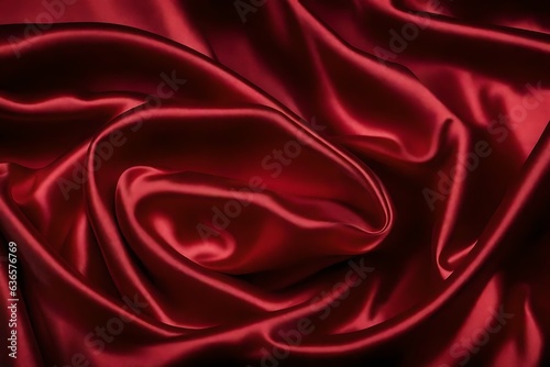 Closeup of rippled red satin fabric cloth texture background. High quality photo 