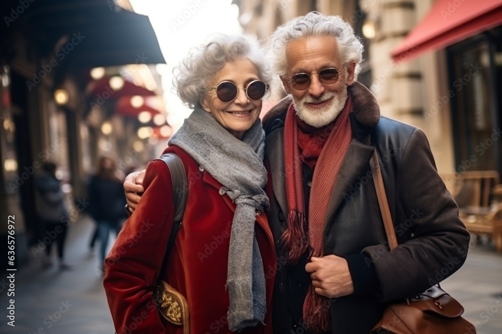 elegant senior couple gray-haired tourists with travel bags