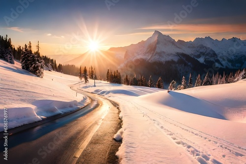An image of a vibrant sunset over mountains, with colorful reflections shimmering , sunset in the mountains winter, snow