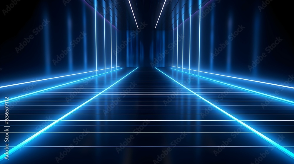 Fototapeta premium 3D Render of a Room with Glowing Blue Neon Lines. Abstract Background