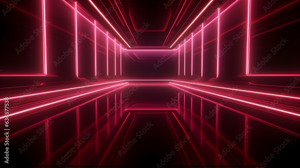 3D Render of a Room with Glowing Burgundy Neon Lines. Abstract Background