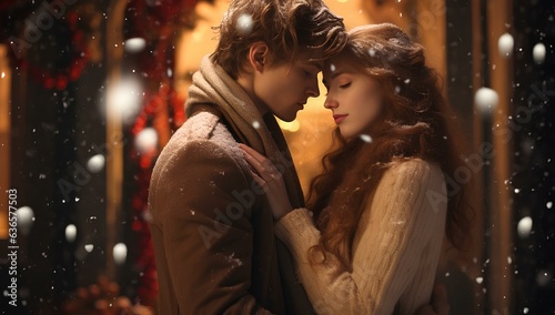 Young people, a romantic couple embracing in snowy weather, on the eve of Christmas holidays.