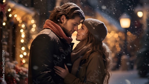 Young people, a romantic couple embracing in snowy weather, on the eve of Christmas holidays.