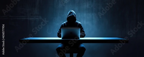 Hacker is using dark background laptop. Young man in hood doing online robbery. Battle for internet security