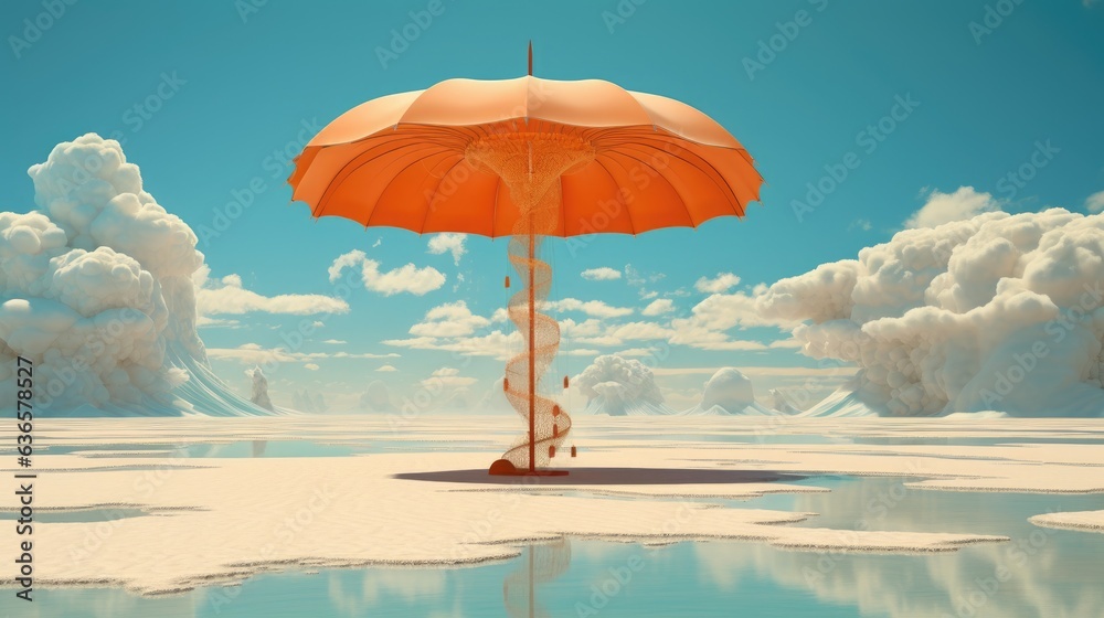 Immerse yourself in the enchanting imagery of an orange parasol, casting its shade upon the untouched desert terrain.A piece where vibrant color meets the stark vastness, rendered in a signature style