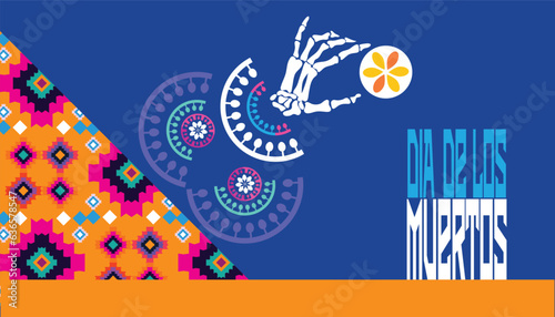 Dia de Los Muertos, Day of the Dead or Halloween  big  set elements. Sugar skulls , pepper, guitars, candle, papel picado, marigold flowers. Template  l mexico skeleton decoration. Vector illustration