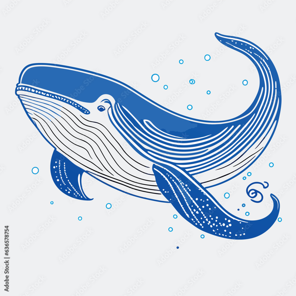 a small illustration of a blue whale on a grey background, in the style of cute and dreamy, wimmelbi, vector illustration line art