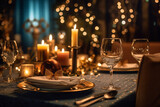 Romantic dinner place setting with plates and cutlery on table. Elegant table setting with beautyful flowers, candles and wine glasses in restaurant.
