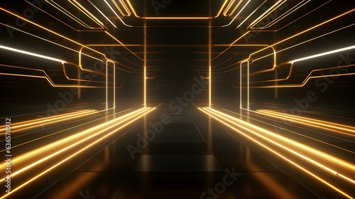 3D Render of a Room with Glowing Dark Gold Neon Lines. Abstract Background