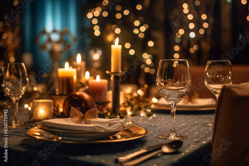 Romantic dinner place setting with plates and cutlery on table. Elegant table setting with beautyful flowers  candles and wine glasses in restaurant.