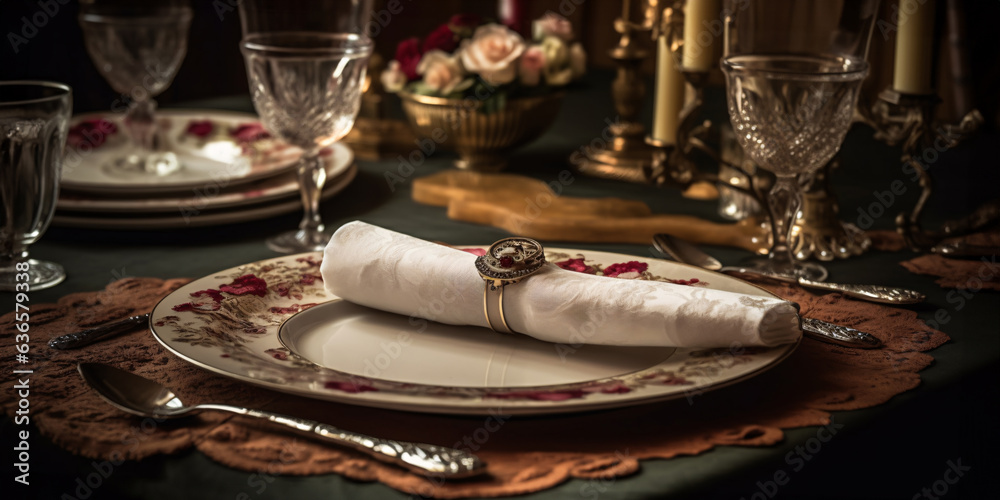 Elegant napkin. Romantic dinner place setting with plates and cutlery on table.