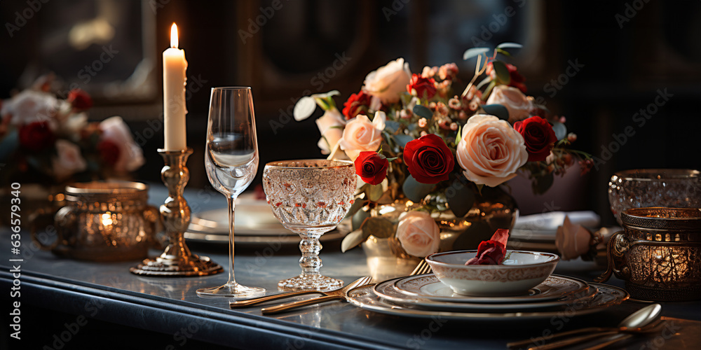 Elegant table setting with beautyful flowers, candles and wine glasses in restaurant. Selective focus. Elegant table setting with beautyful flowers, candles and wine glasses in restaurant. Selective focus.