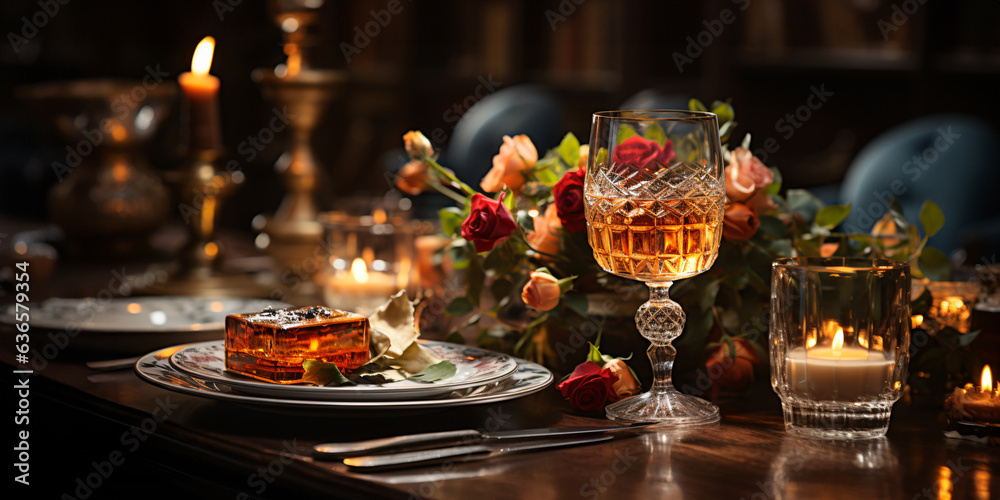 Elegant table setting with beautyful flowers, candles and wine glasses in restaurant. Selective focus. 