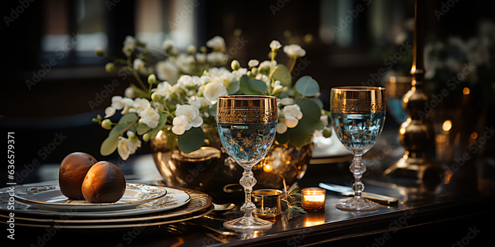 Elegant table setting with beautyful flowers, candles and wine glasses in restaurant. Selective focus. Elegant table setting with beautyful flowers, candles and wine glasses in restaurant. Selective focus.