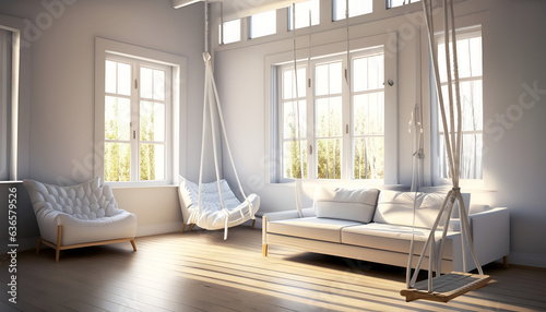 a living room with white sofas and large white framed windows overlooking the trees and a swing chair attached to the roof 