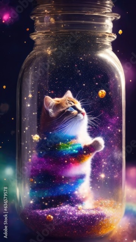 A cat in a jar with a rainbow inside. Conceptual image. ?Generative AI.